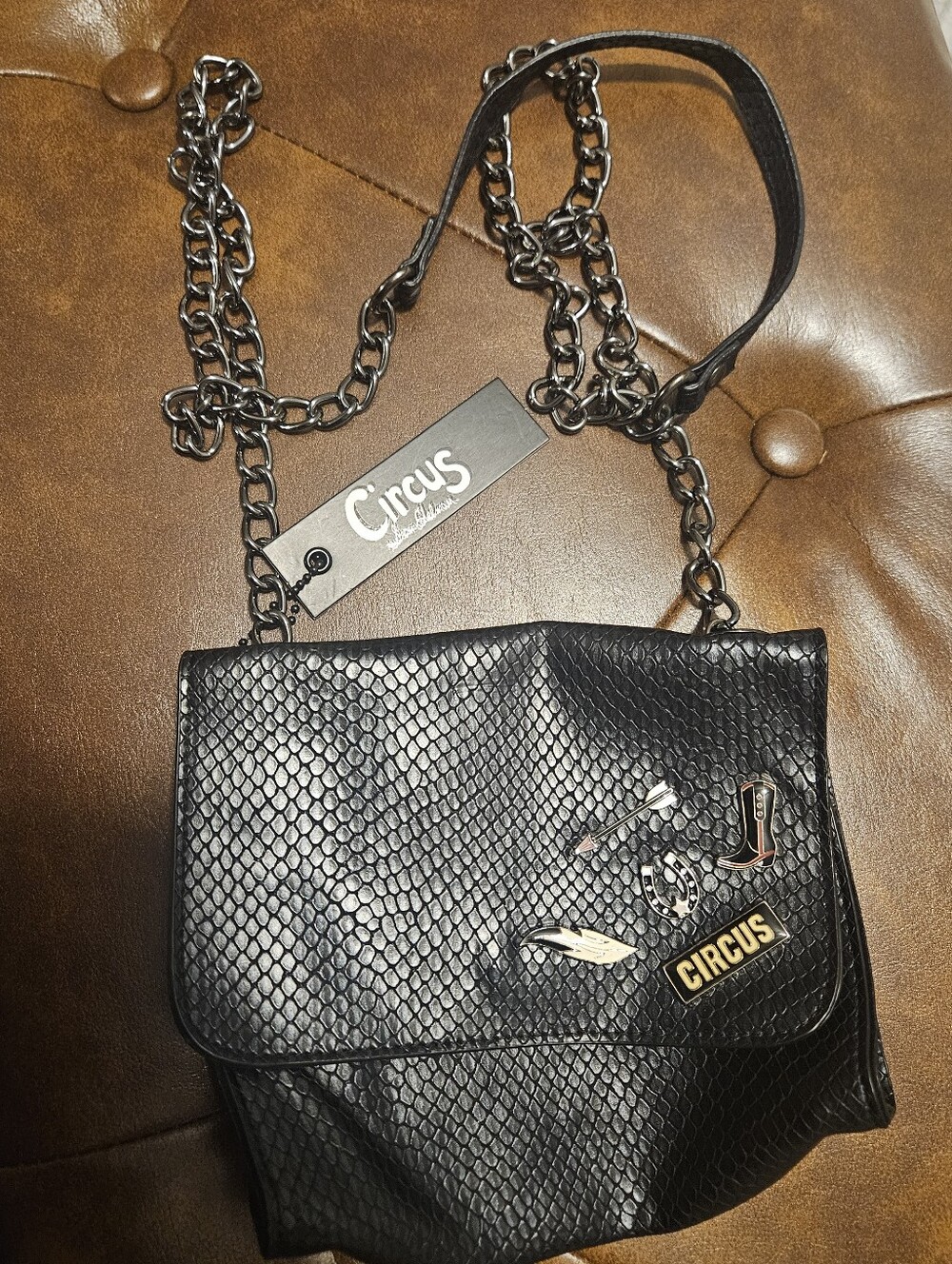 Circus by Sam Edelman Black Snake-Embossed Chain Crossbody Bag